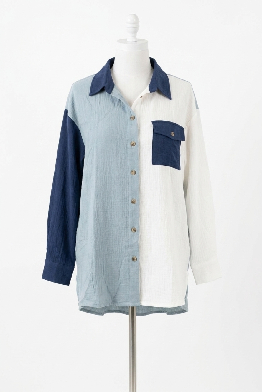 NEW SHE + SKY women's long sleeve gauze color block shirt top - plus in slate